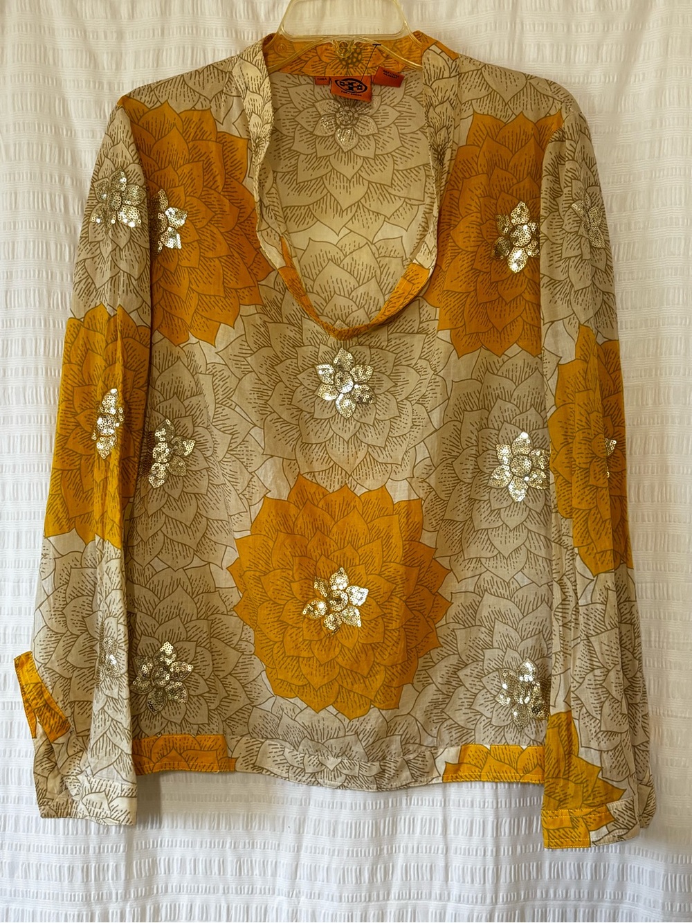 Tory Burch Floral Mustard & Silver Sequin Cotton Tunic Blouse Top Sz 10